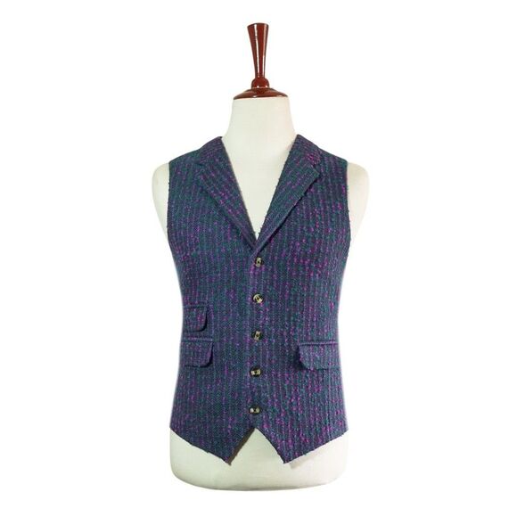 Mens 46R Tweed Wool Waistcoat Teal Purple Speckled Herringbone Vest Formal Party - Picture 1 of 8